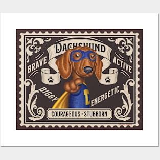 Cute Funny Doxie Dachshund Superhero Dog Stamp Posters and Art